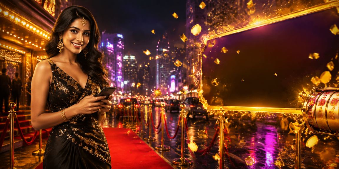 Night view of Bangalore MG Road with slot game advertisement and Bollywood theme