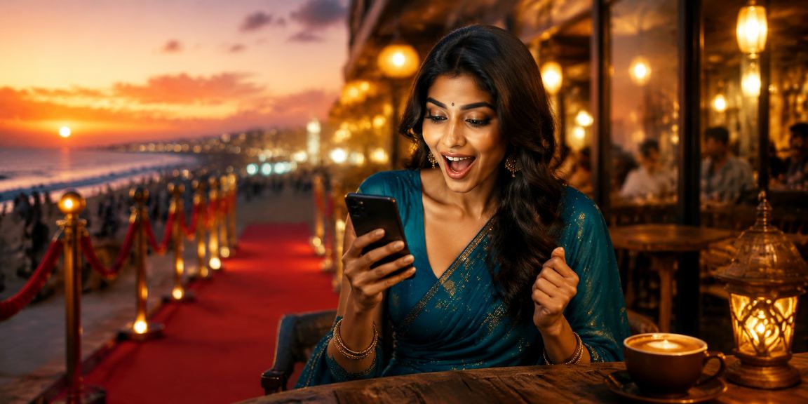 Young Indian woman in traditional saree enjoying mobile casino games in Chennai