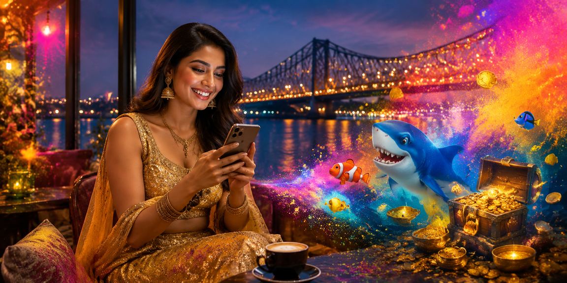 Kolkata's Howrah Bridge at dusk, setting for online cricket betting and fishing-themed rewards